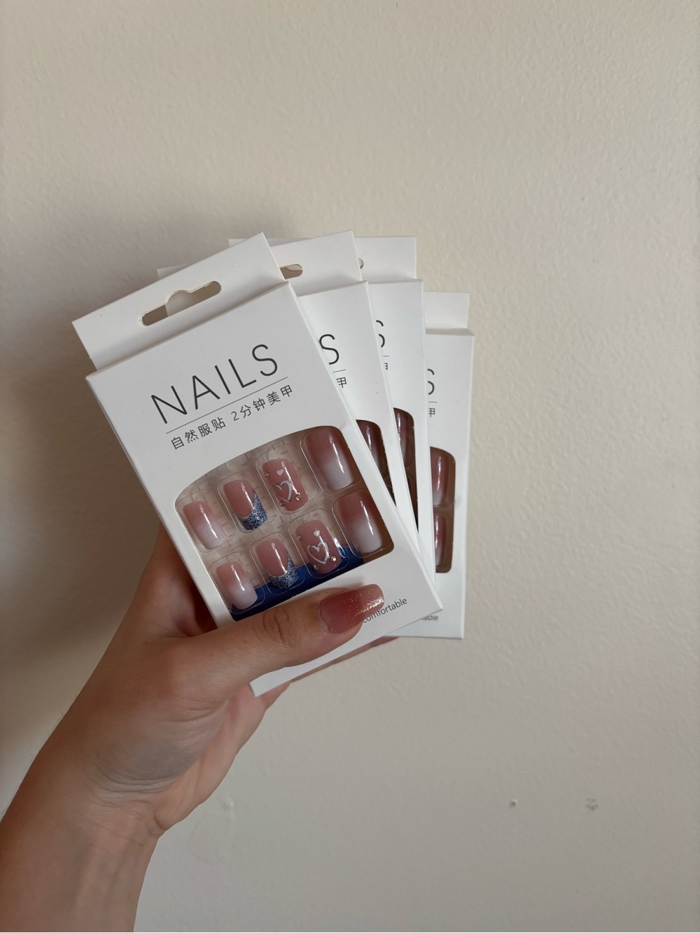 False Nail Set - Mauve Pink with Blue Accent
